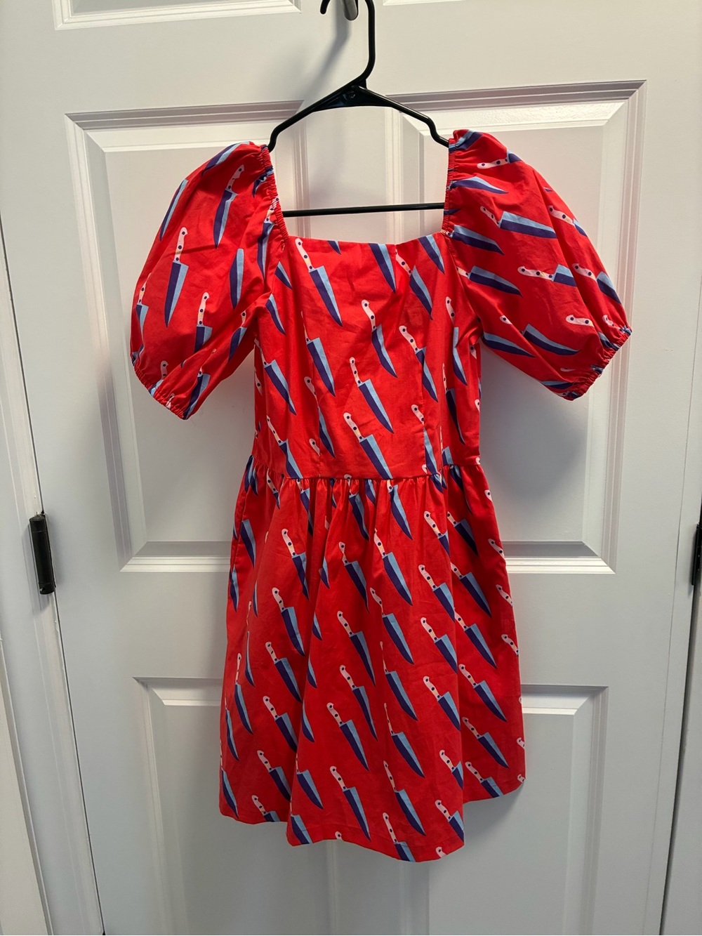 Nooworks Red Puff-Sleeve Dress with Blue Knife Print
